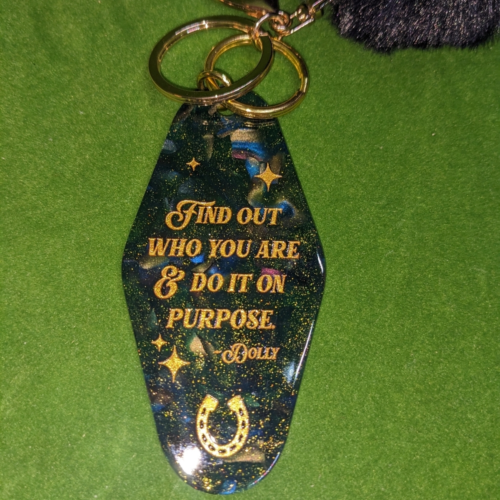 Hotel Key Fob Bag Charm With Pompom & Dolly Parton Quote Gold-tone Galaxy